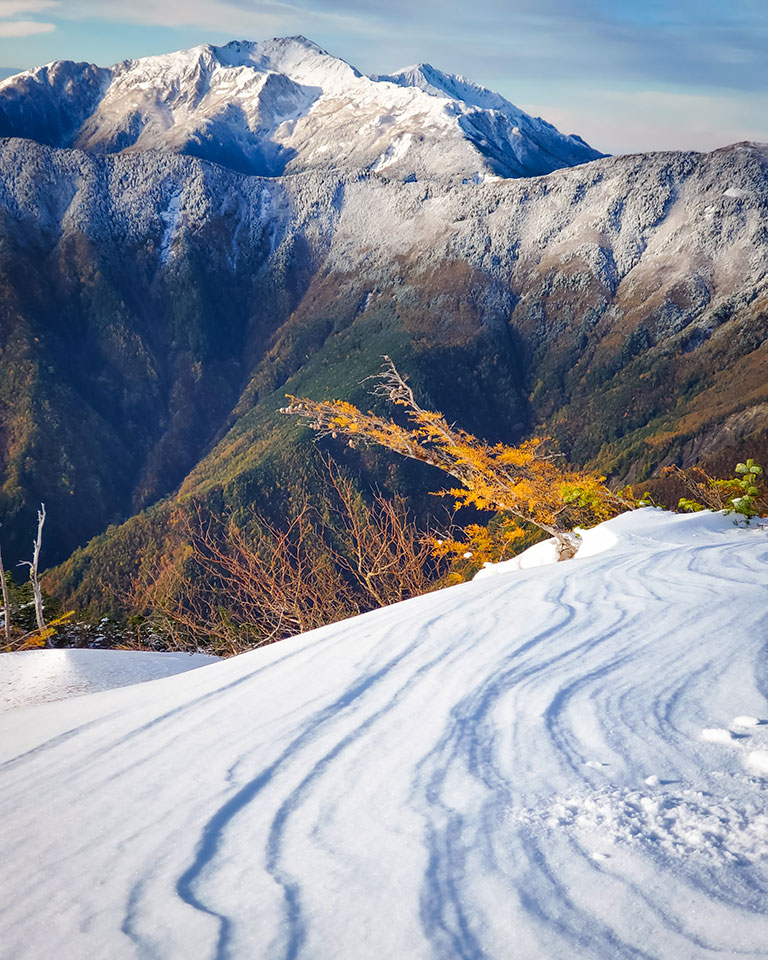 南アルプス国立公園　m_gonmori(権守昌子)さんの作品「紅葉と冠雪がコラボレーションした朝」